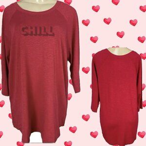 Torrid +2 Red Heather Chill Slogan Crew Neck Cotton Blend 3/4 Raglan Sleeve Tee